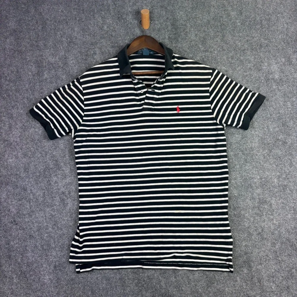 Polo Ralph Lauren Polo Shirt Mens L Black White Striped Short Sleeve Pony Logo
